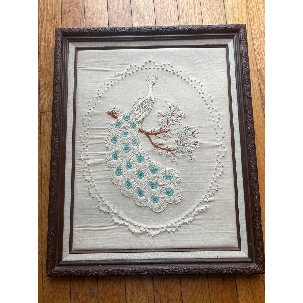 Vintage Framed Peacock Crewel Art Large 21"x17" Embroidered chinoiserie 1970s